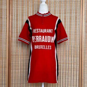 Vintage 1970s red, black and white cycling jersey with half zip